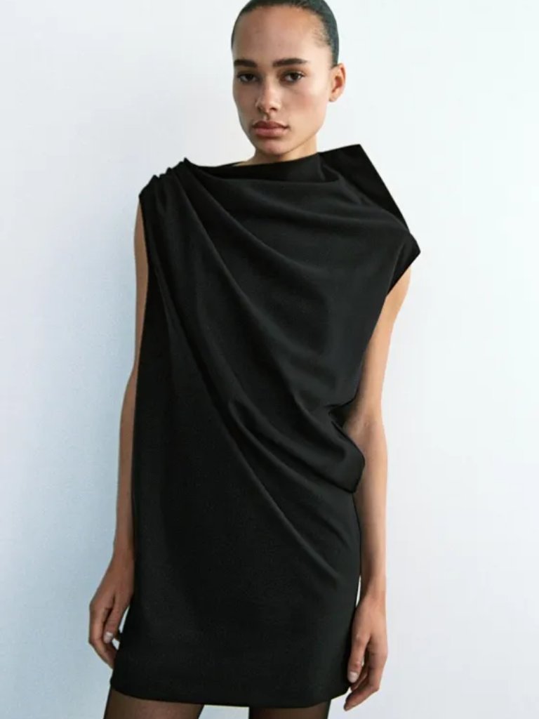New Zara Short Dress With Gathers Asymmetrical Neckline Black Dress Xs Nwot